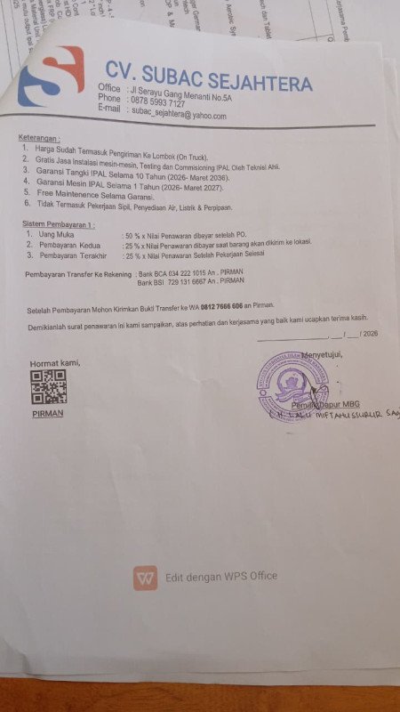 Foto Pemesanan IPAL oleh SPPG YTI NWDI Wanasaba, pada 11 Maret 2026 Lalu